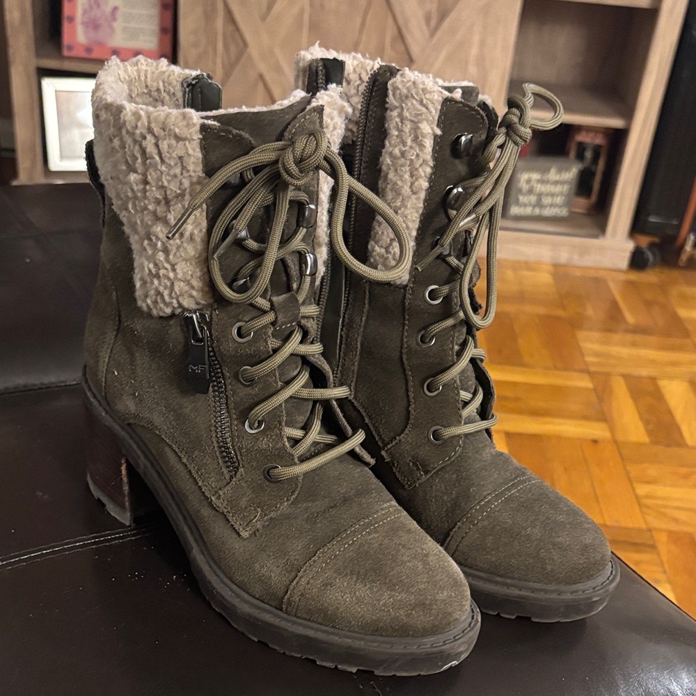 Marc Fisher Olive Lace-Up Boots with Faux Fur